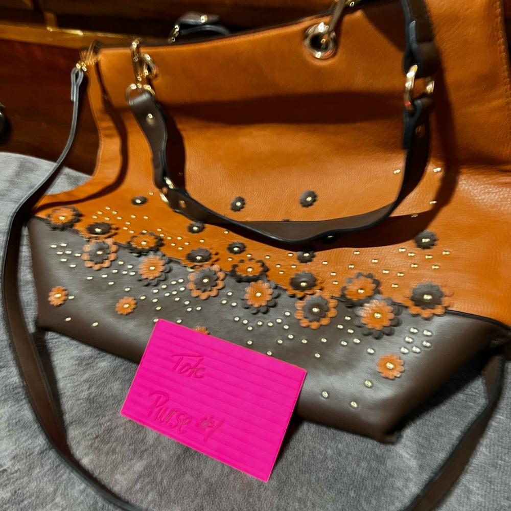 Floral Embellished Brown Tote Bag